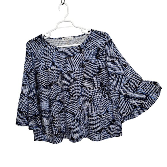 Kasper 3X Blouse Pullover Abstract Swirl Bell Sleeve Stretch Dressy Event Silver - Picture 2 of 13